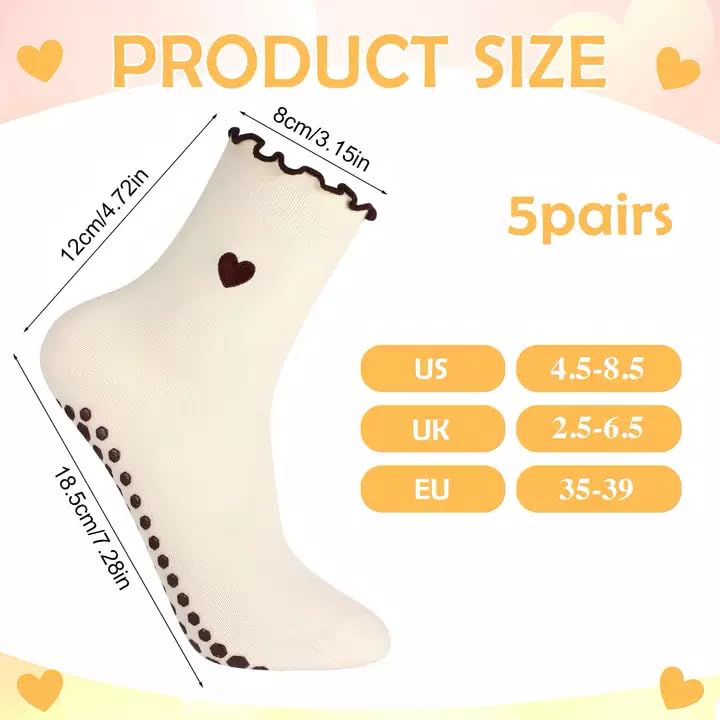 Cute Grippy Pilates Socks - Non-Slip Ruffle, 5 Pairs, Size 4.5-8.5 - White, Black, Beige, Khaki, Coffee Brown