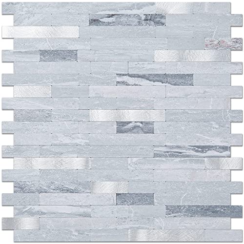 DICOFUN Peel and Stick Backsplash Tile, PVC Mixed Metal Stick on Backsplash Tiles for Kitchen and Bathroom (1, Light Grey & Metal Silver)