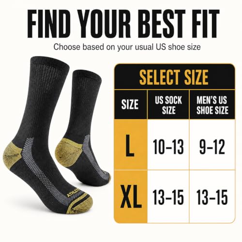 Men's Athletic Crew Socks - Light Cushion Work Socks, Large, Black/Gold (5 Pairs)