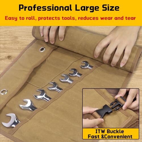 Wrench Roll 32 Pockets, Heavy-Duty 16 oz. Waxed Canvas Wrench Roll Up Bag Holds Wrench Wrap for Metric and SAE Wrenches, Wrench Pouch with Buckles and Handle, Sturdy Wrench Tool roll (Khaki)
