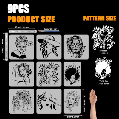 FINGERINSPIRE 9 Pcs Lady Stencils with a Brush 9 Styles Woman Face Pattern Painting Stencil Mandala Beauty Template Reusable PET Character Theme Template for Wood Wall Floor Tiles Furniture