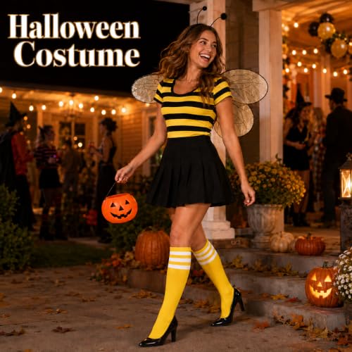 Knee High Sport Socks for Women - Long Stripes, One Size, Yellow & White