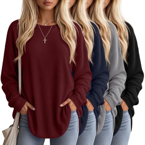 Neer Women's Oversized Waffle Knit Sweatshirts 4-Pack with Large Sizes - Black, Gray, Navy, Wine Red