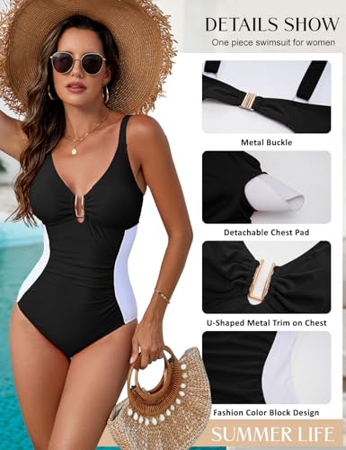 UMIPUBO Women's Black Medium Size Ruched Tummy Control One-Piece Swimsuit with U-Ring and Colorblock Design