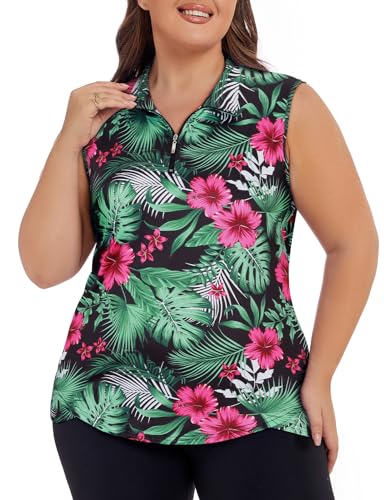 Koscacy Women's Plus Size Tropical Print Sleeveless Golf Polo Zip Up Workout Tank Top 3X-Large
