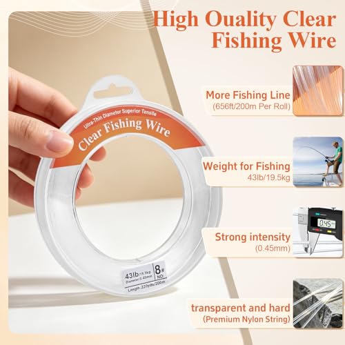 656ft Clear Monofilament Fishing Line, 43lb Nylon Wire for Crafts - 0.45mm