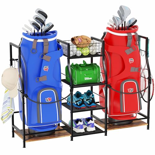 Golf Bag Storage Organizer - Holds 2 Golf Bags & Accessories