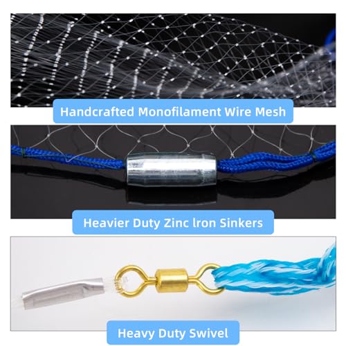 BalanZze 8ft Cast Net for Bait 1/2 Inch Mesh - Heavy Sinker, Handcrafted Net with Repair Kit