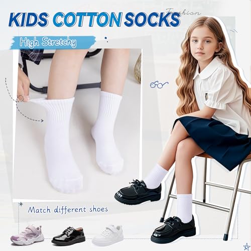 Eyean Kids Athletic Crew Socks 13-15 Years White 6 Pairs - Boys Girls Cotton School Uniform