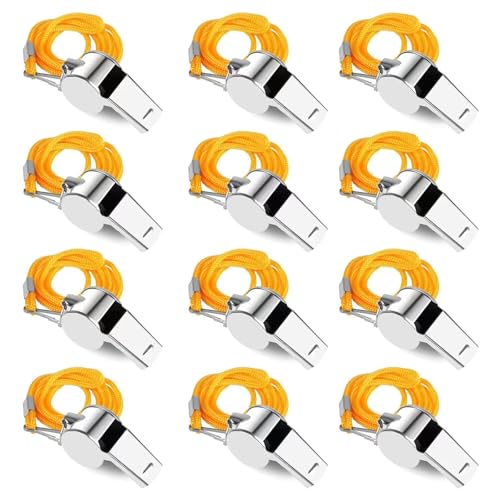 Loud Stainless Steel Whistles - 12 Pack with Lanyard - Yellow