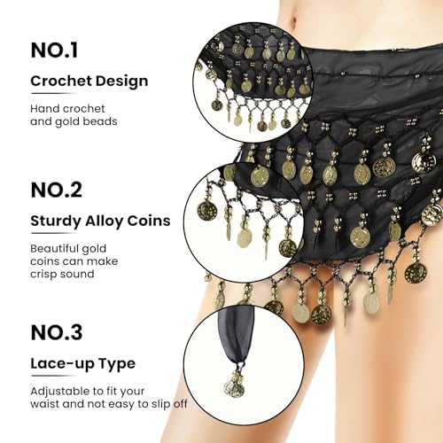 Belly Dance Hip Scarf with Sequins and Coins - Black