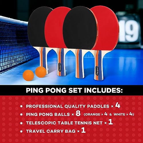 Ping Pong Paddle Set with 4 Rackets, 8 Balls & Retractable Net - Black/Red