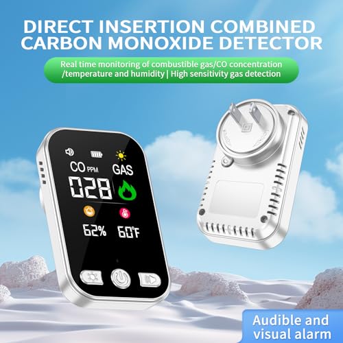 4in1 Plug in Carbon Monoxide Detector & Combustible Natural Gas Detectors Combination Builti-in Battery HD Screen [CO Gas Temp Humidity Sensor] for Home Hotel Travel (1 Pcs,HD12-CG, White)