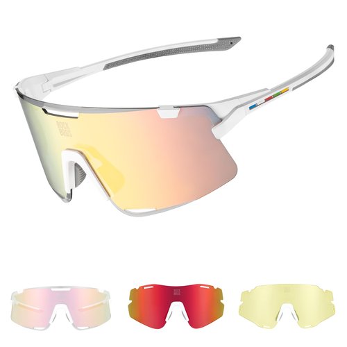 ROCKBROS Performance Cycling Glasses Polarized Sports Sunglasses with 3 Interchangeable REVO Lenses,Photochromic Sunglasses,Polarized and Yellow,TR90 Ultra-Light Frame,UV400 Protection,White and Pink