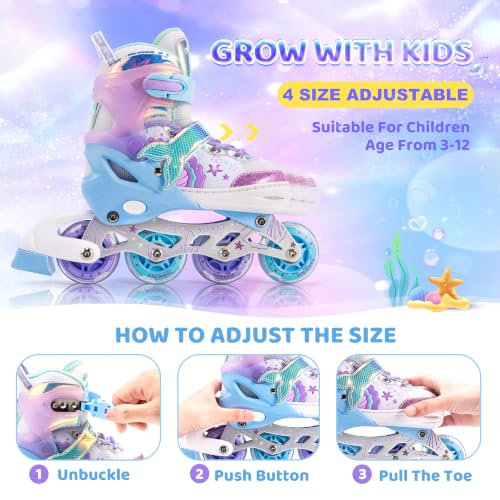 NEMONE Girls Adjustable Light-Up Inline Skates - Mermaid & Butterfly, Small - Ocean Mermaid