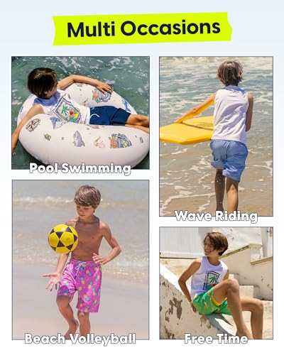 Boys Swim Trunks with Compression Liner - White Dinosaur, 14-16 Years