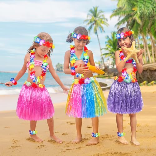 Fortuning's JDS Girl Elastic Hawaiian Hula Skirt Set with Flower - Blue/Yellow/Pink