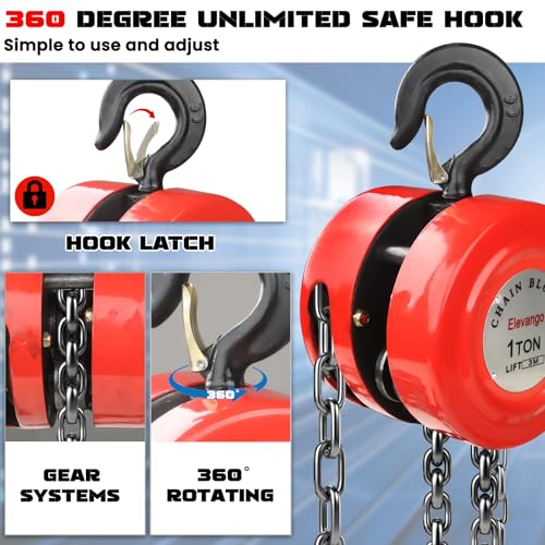 2 Ton Chain Hoist 4400LBS Capacity 10Ft Lift Manual Hand Chain Hoist with Manganese Steel G80 Chain & 2 Heavy Duty Hooks, for Garage, Warehouse, Automotive
