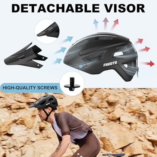 Favoto Mountain Bike Helmet for Adults with Visor, Black, L (59-61cm)