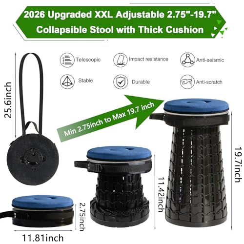 PLOGGING 2026 XXL Collapsible Stool with Thick Cushion – 19.7in Height, 1000lb Load Capacity, Black