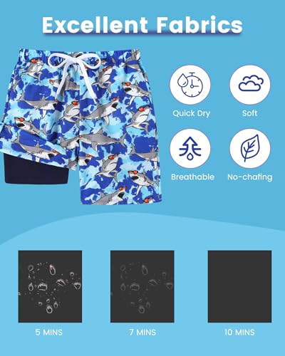 Boys Swim Trunks with Compression Liner - Blue Shark, 6-7 Years