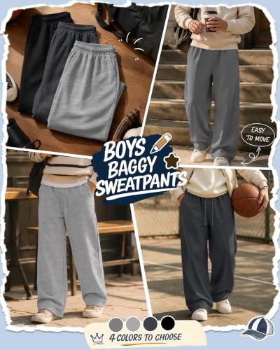 YooAurvox Boys Wide Leg Sweatpants 14-16 Years Black & Gray - Casual Athletic Pants for Active Kids