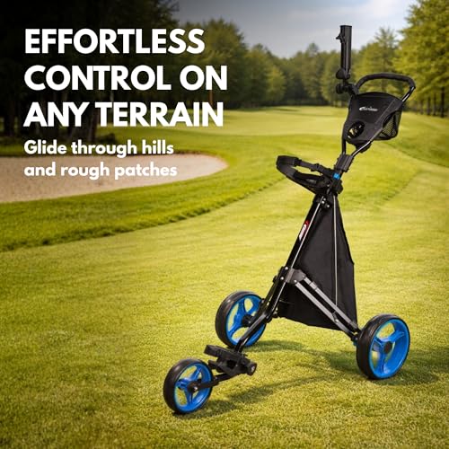 3-Wheel Golf Push Cart with Foot Brake & Storage Bag - Black/Black