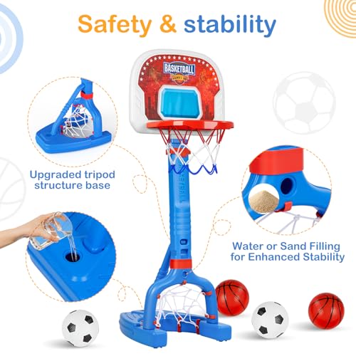FLMAQE Toddler Adjustable 2-in-1 Basketball Hoop & Soccer Goal - Blue+Red, 4 Balls, Indoor & Pool