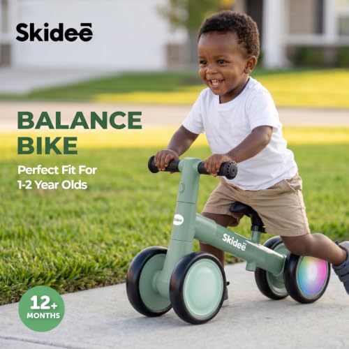 SKIDEE Phthalo Green Toddler Balance Bike with LED Light Wheels, Adjustable & 4-Wheel Stability