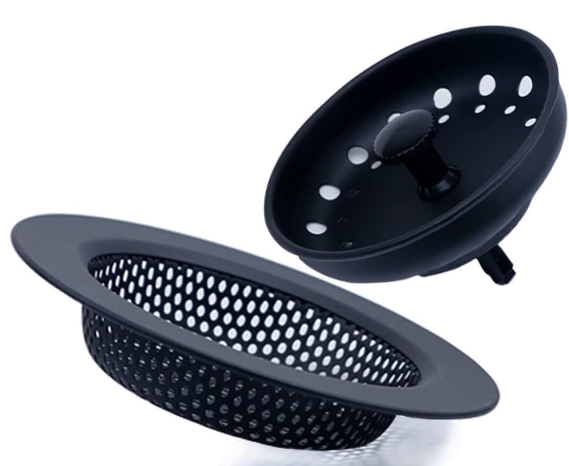 AJOMAN Kitchen Sink Drain Strainer Basket and Sink Drain Stopper, Sink Strainers for Kitchen Sink, Food Catcher(Matte Black, 4 Pieces Total)