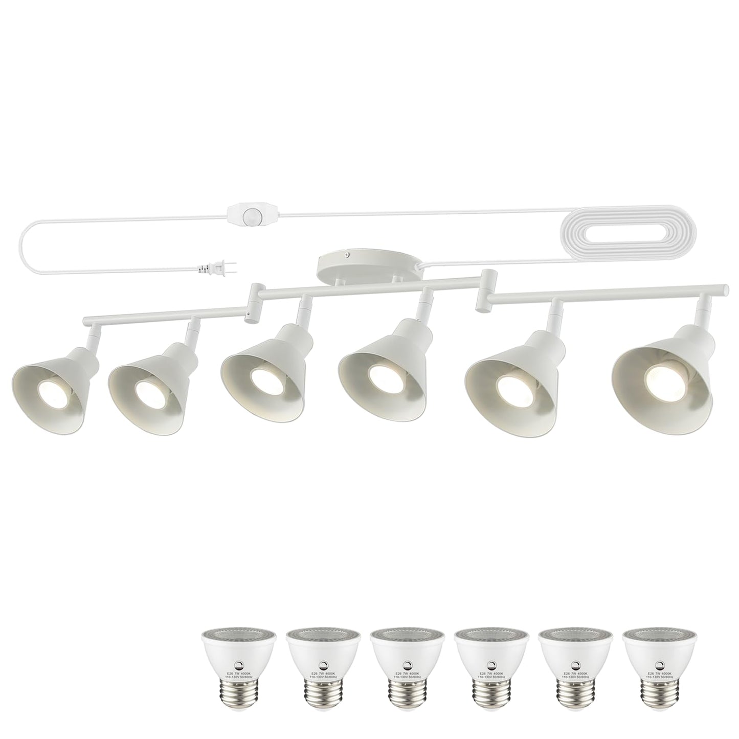 White Dimmable 6 Light Plug in Ceiling Light Fixture,Modern Plug in Track Lighting,16.4ft Cord with Dimming Switch,6 Way Ceiling Spot Lighting,Flexibly Rotatable Light Head，6*LED Spot Bulbs Included