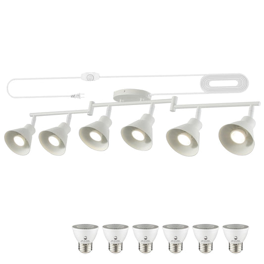 White Dimmable 6 Light Plug in Ceiling Light Fixture,Modern Plug in Track Lighting,16.4ft Cord with Dimming Switch,6 Way Ceiling Spot Lighting,Flexibly Rotatable Light Head，6*LED Spot Bulbs Included