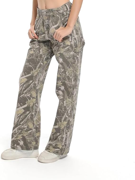 PinkyMoor Women Camouflage Cargo Pants XX-Large, Green – Straight Wide Leg Trousers with Pockets