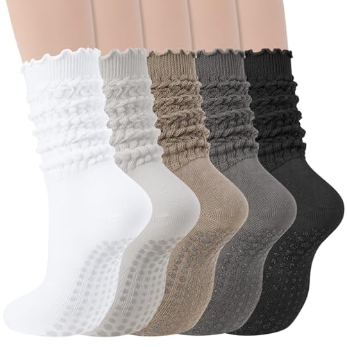 5 Pairs Slouchy Pilates Socks with Grips - White, Light Gray, Khaki, Dark Gray, Black