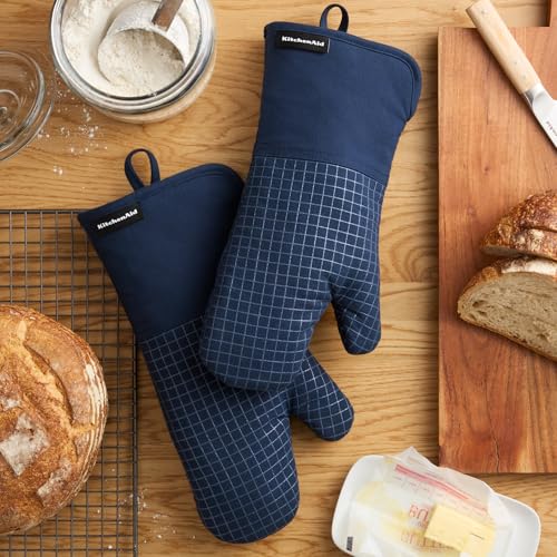 KITCHENAID Gourmet Series Gridlines Oven Mitts 2-Pack Set, Heat Resistant up to 600¡ÆF, Soft Silicone Grip, Magnetic Cuff, Ink Blue, 7"x14"