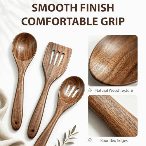 KITEISCAT Acacia Wooden Spoons for Cooking: 5-Piece Kitchen & Cooking