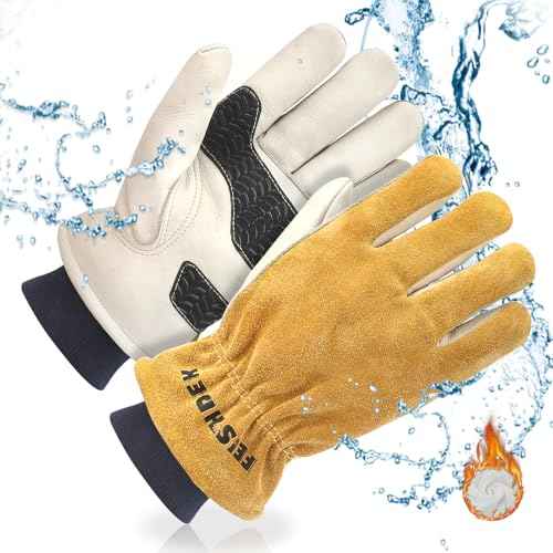 Mens Winter Work Gloves Insulated Waterproof Leather, Thinsulate Thermal Lining with Anti-Slip Palm for Cold Weather