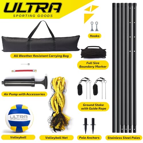 Volleyball Net Set - Portable 32x3 FT with Steel Poles, Yellow