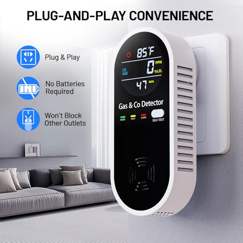 Carbon Monoxide Detectors Plug in, 4-in-1 Portable CO & Natural Gas Leak Detector with Temperature & Humidity Display for Home, Hotel, RV & Travel
