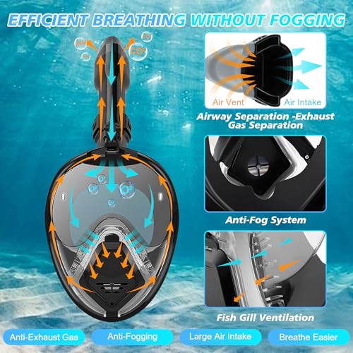 Xyuee Devilfish Full Face Snorkel Mask Adults Black XL - 180° Panoramic, Anti-Fog & Leak-Proof Snorkeling Gear