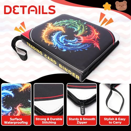9-Pockets Card Binder 900 Cards with 50 Removable Sleeves, 3-Ring Zipper, LZSIG 4 Elements Black