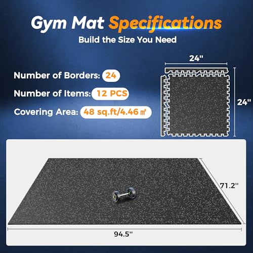 1" Extra-Thick Rubber Gym Mat - 12 Interlocking Tiles, Black/Grey