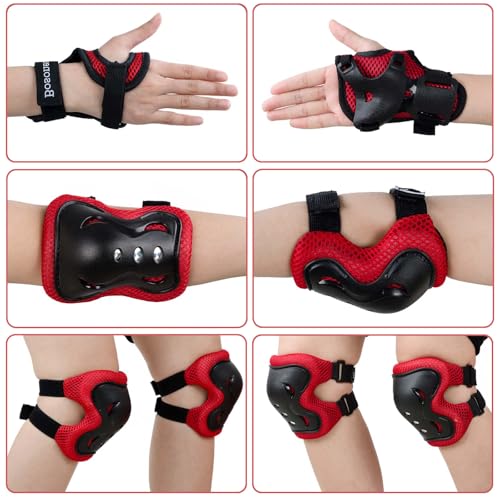 Kids Protective Gear Set - Knee Pads, Elbow Pads & Wrist Guards - Black/Red, Small (3-8 Years)