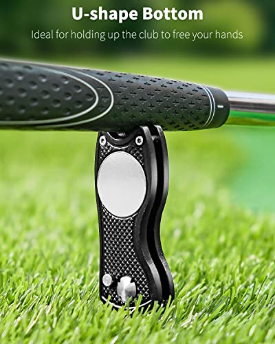 Foldable Golf Divot Repair Tool with Magnetic Ball Marker - Black
