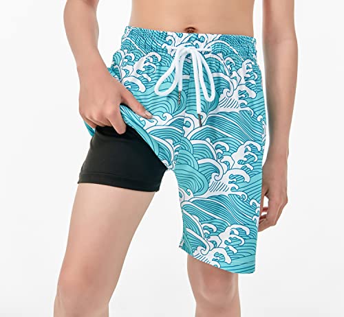 Boys Swim Trunks with Boxer Brief Liner - Quick Dry, Blue White Spray, Size 10-12