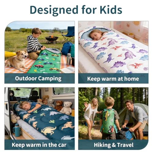 Kids Camping Sleeping Bag - Green Dinosaur, Lightweight Waterproof 3-Season for Boys & Girls