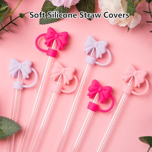 6PCS Silicone Bow Straw Covers for Stanley 30 & 40 Oz Tumblers - Pink Bow