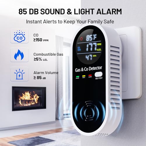 Carbon Monoxide Detectors Plug in, 4-in-1 Portable CO & Natural Gas Leak Detector with Temperature & Humidity Display for Home, Hotel, RV & Travel