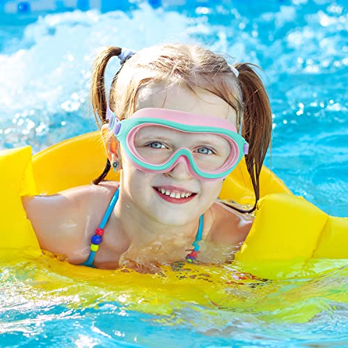 COPOZZ Kids Swim Goggles A4 Green Pink Wide View No Leak Anti-Fog UV Youth Swim Goggles