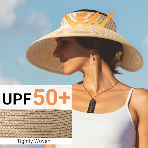 Wide Brim Straw Sun Visor Hat for Women - Classic Khaki
